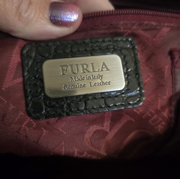 Furla Blk Crocodile Italian Leather Satchel Handbag EUC w/ Twilly - Picture 6 of 13